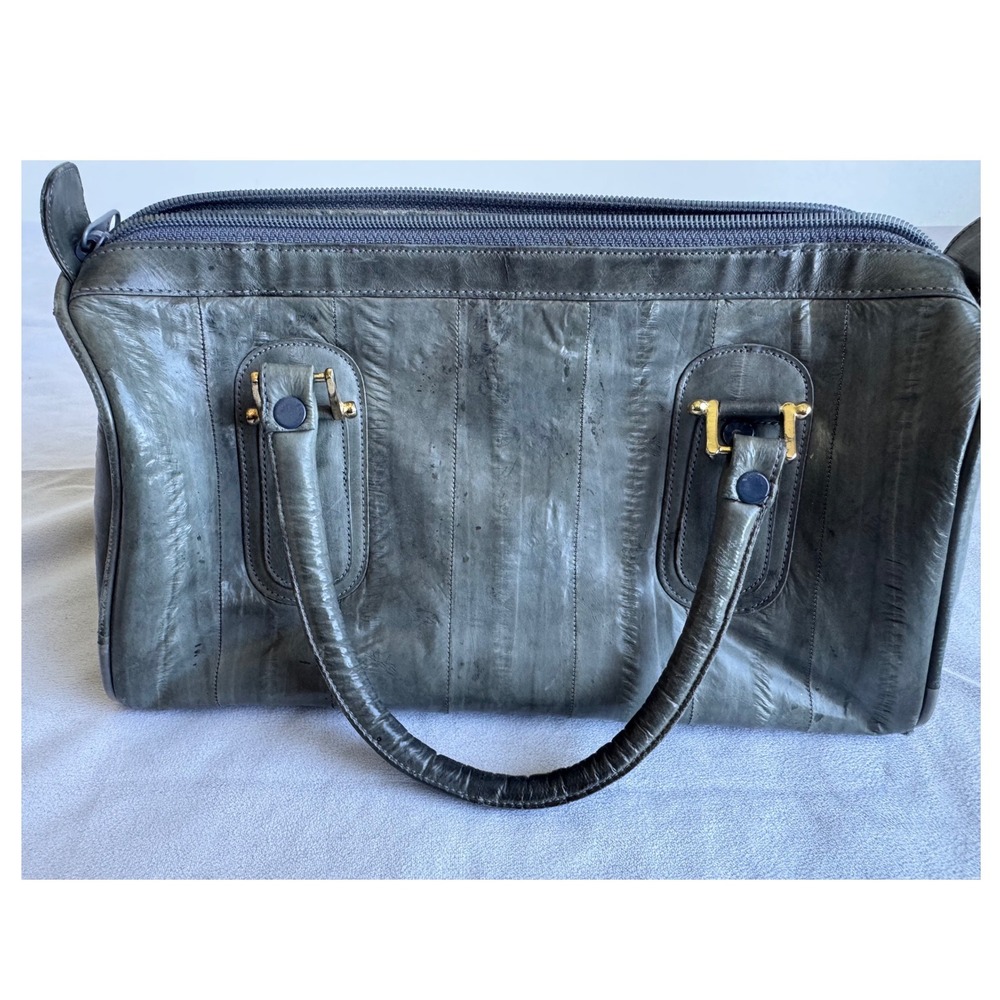 Vintage Genuine Eel Skin Satchel Bag Gray Exotic Leather Retro 80s 90s Handbag